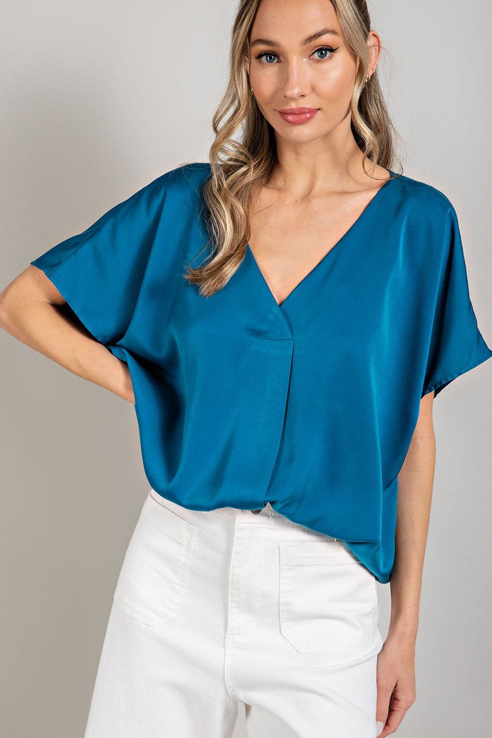 V NECK SATIN SOLID SHORT SLEEVE BLOUSE