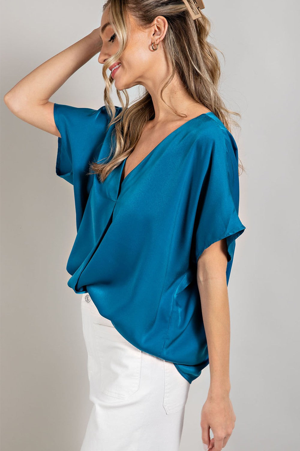 V NECK SATIN SOLID SHORT SLEEVE BLOUSE