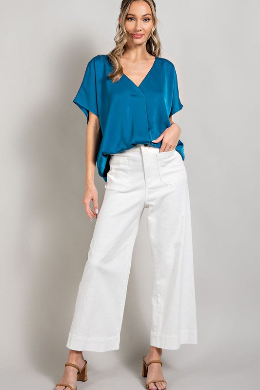 V NECK SATIN SOLID SHORT SLEEVE BLOUSE