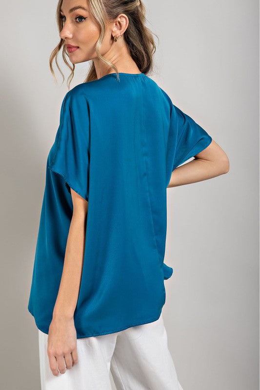 V NECK SATIN SOLID SHORT SLEEVE BLOUSE