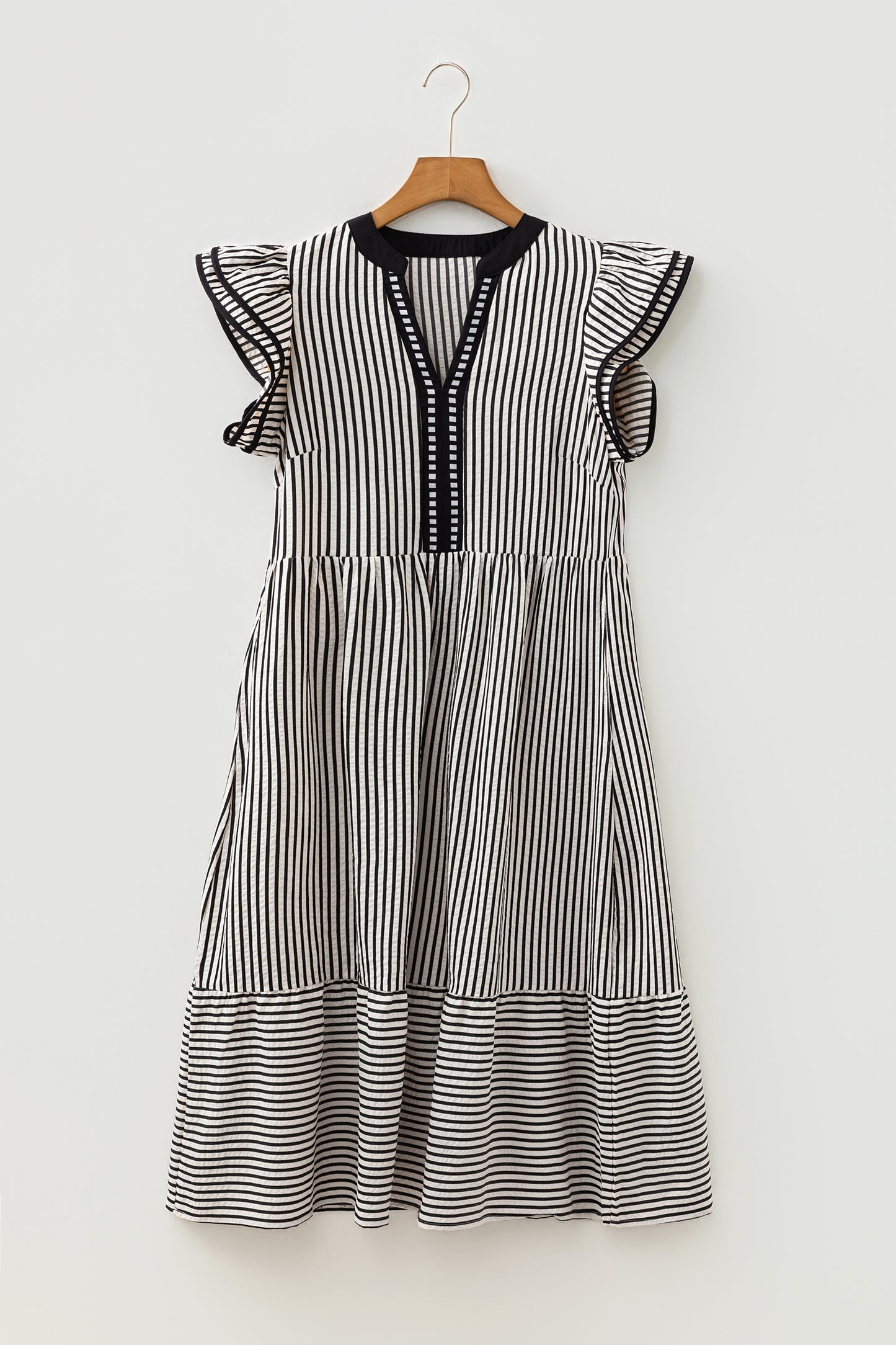 Green Stripe Double Ruffled Short Sleeve Contrast Trim V Neck Midi Dress