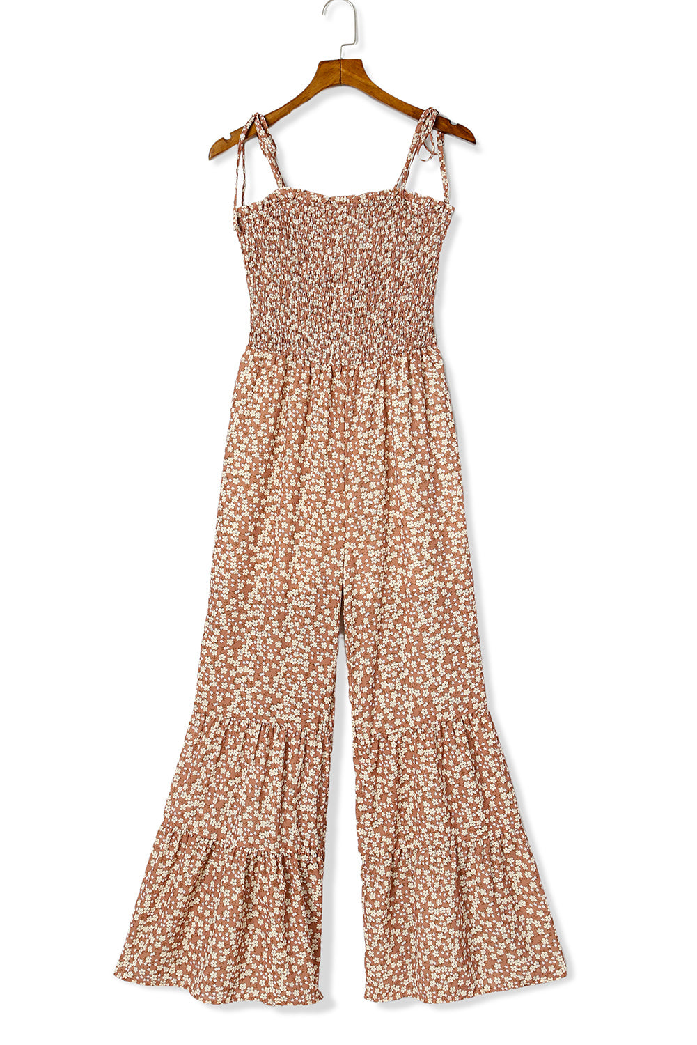 Khaki Floral Thin Straps Smocked Bodice Wide Leg Jumpsuit