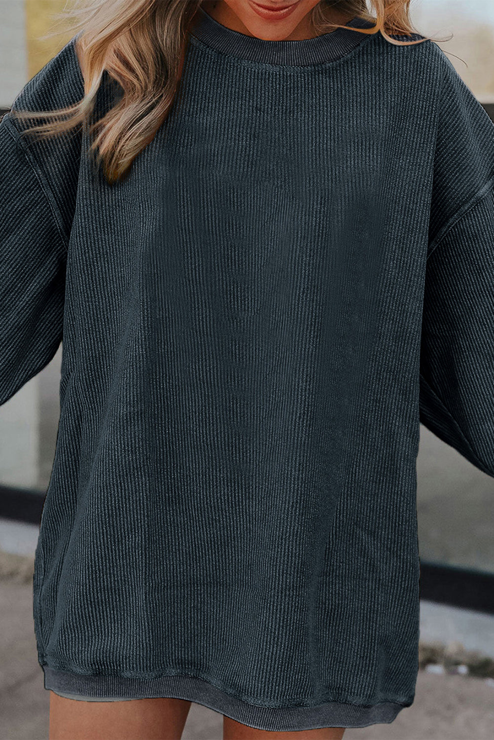 Light Grey Ribbed Corded Oversized Sweatshirt