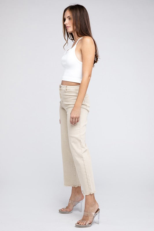 Acid Wash Frayed Cutoff Hem Straight Wide Pants Zenana