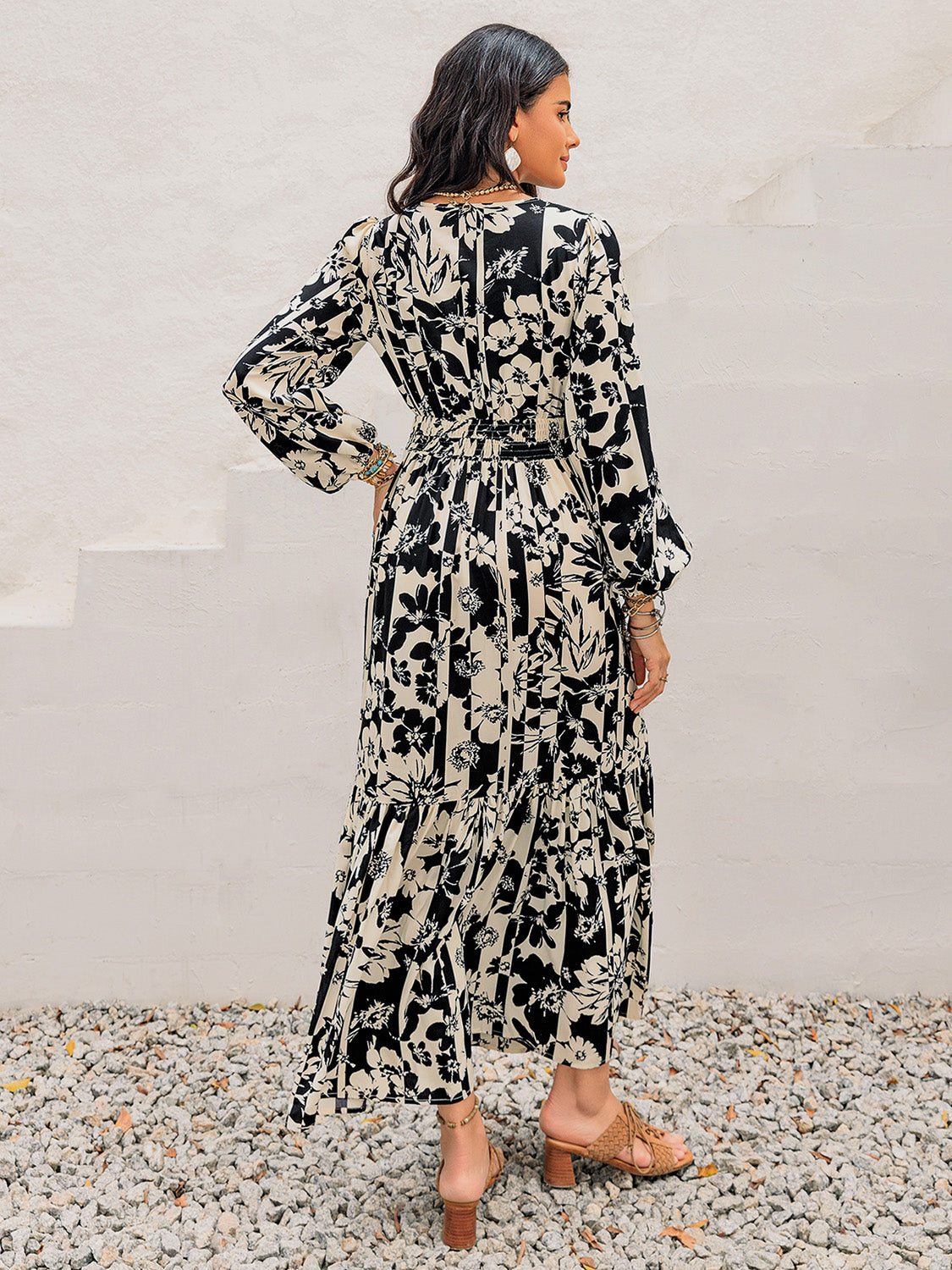 Smocked Printed Tie Neck Long Sleeve Dress