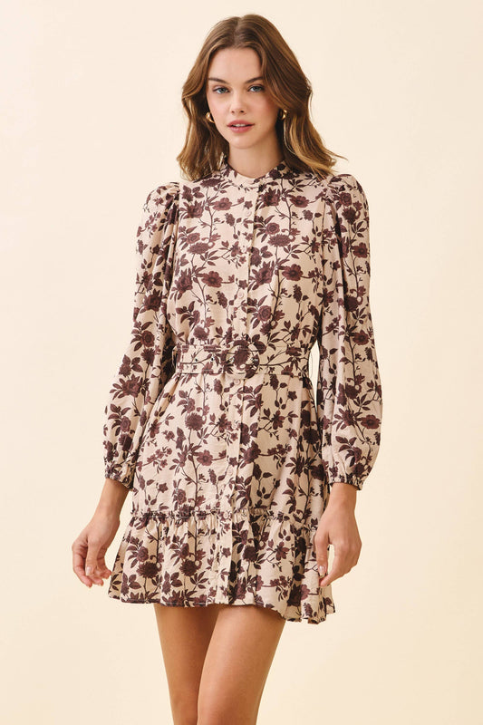 CD06392-Floral Print High Neck Removable Buckle Belt Dress