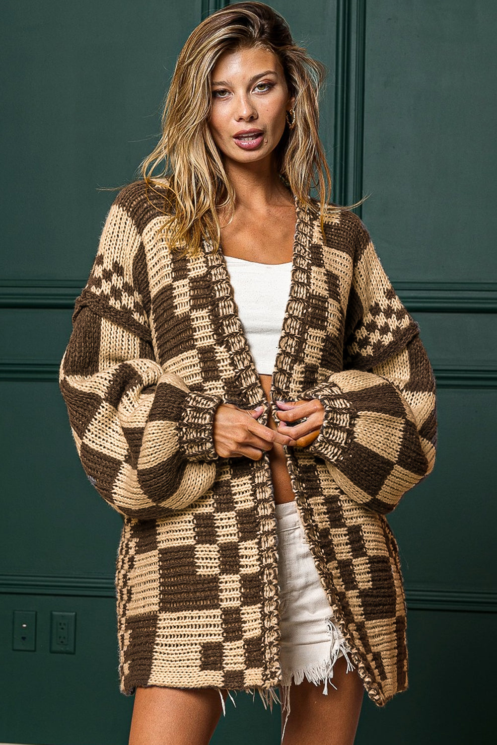 Orchid Petal Colorblock Checked Open Front Knitted Cardigan