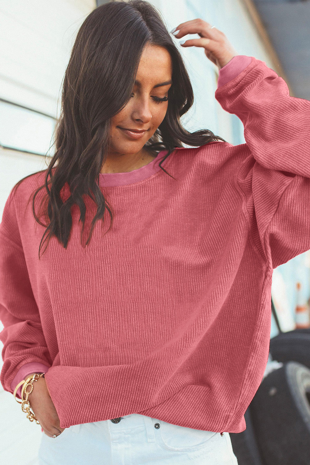 Light Grey Ribbed Corded Oversized Sweatshirt