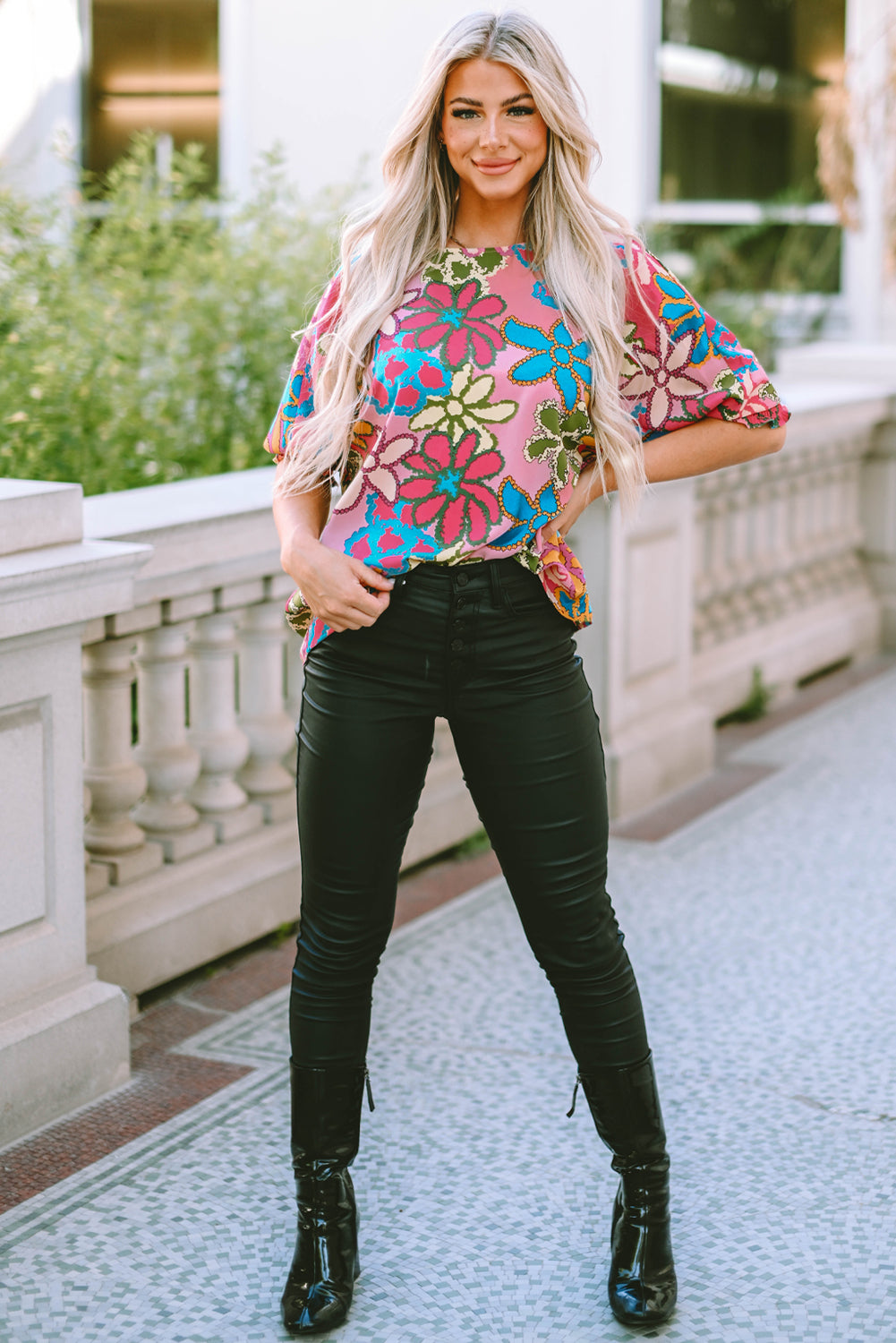 Multicolor Vibrant Floral Print Trimmed Ruffle Sleeve Blouse