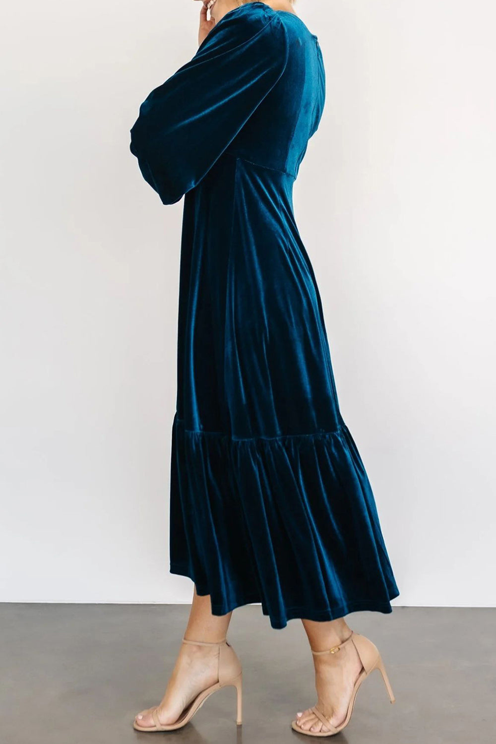 V-Neck Long Sleeve Midi Velvet Dress