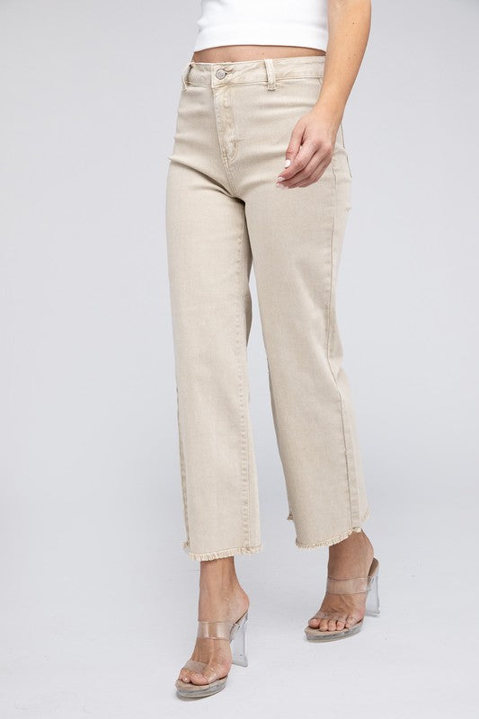 Acid Wash Frayed Cutoff Hem Straight Wide Pants Zenana