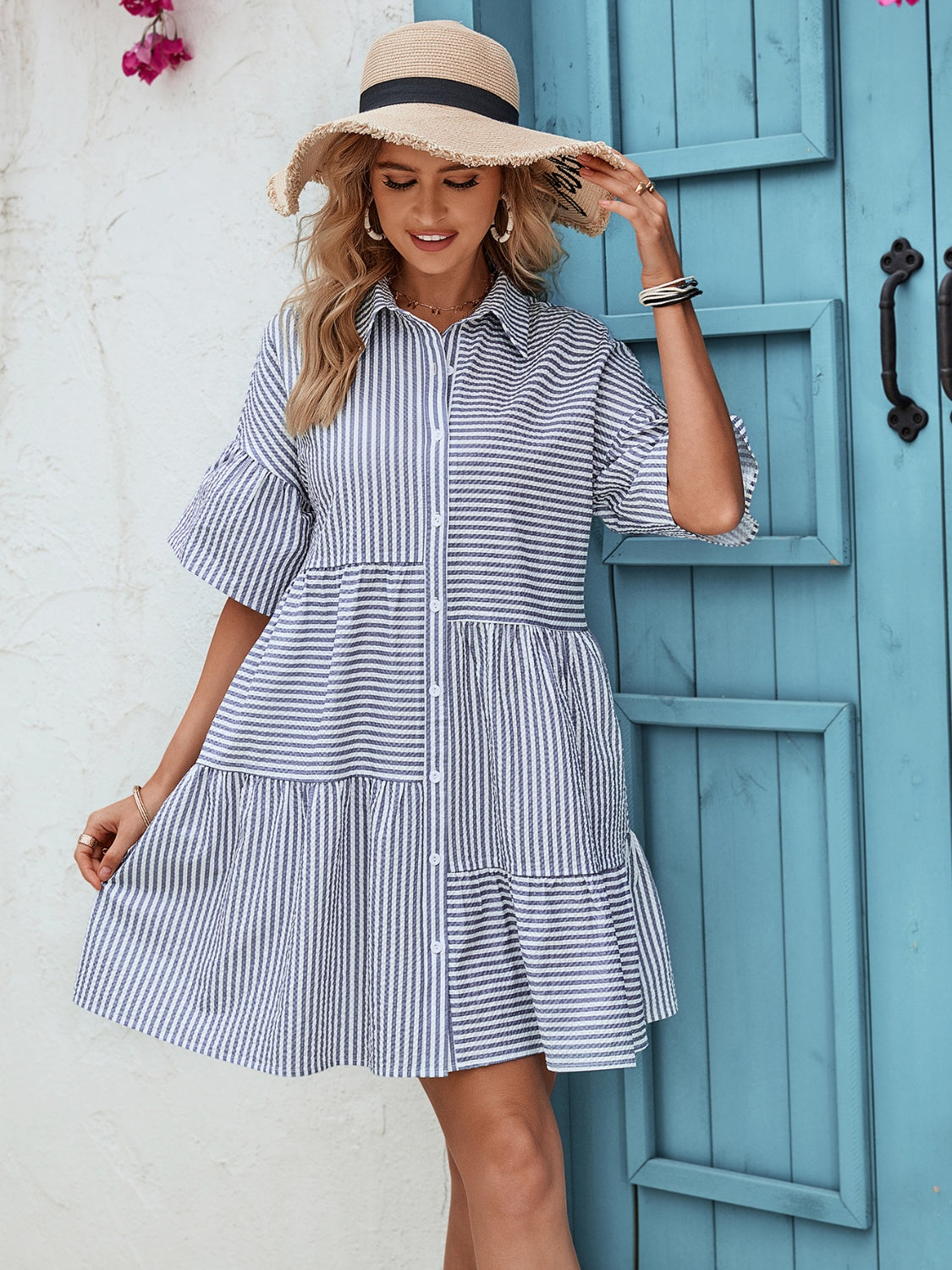 Striped Button Up Half Sleeve Dress