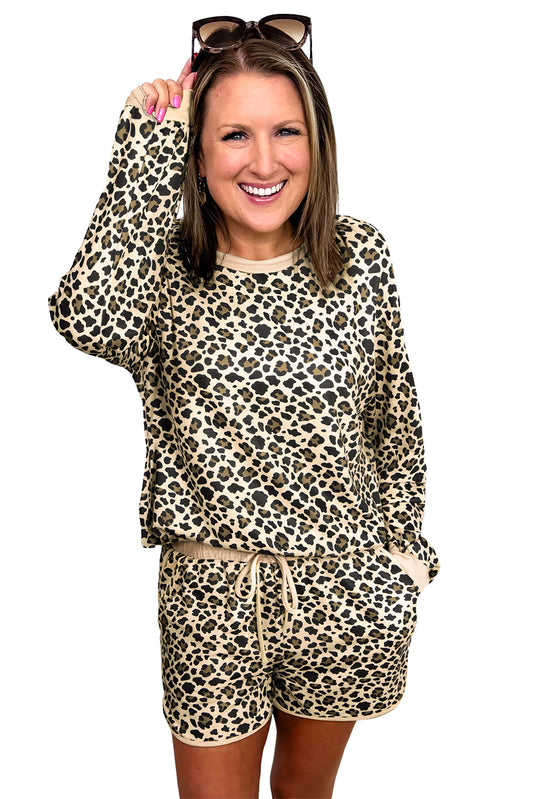 Brown Leopard Print Contrast Trim Two Piece Shorts Set