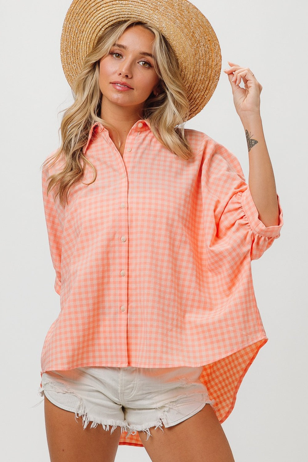 BiBi Plaid Button Up Dolman Sleeve Shirt