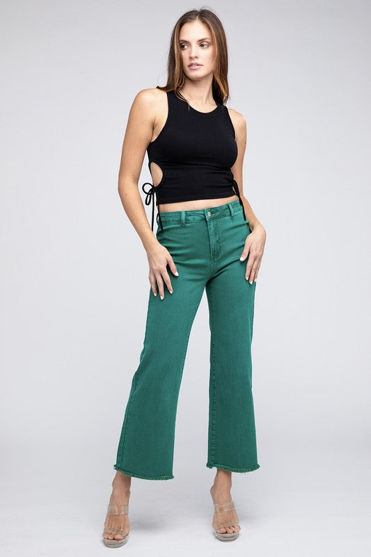 Acid Wash Frayed Cutoff Hem Straight Wide Pants Zenana