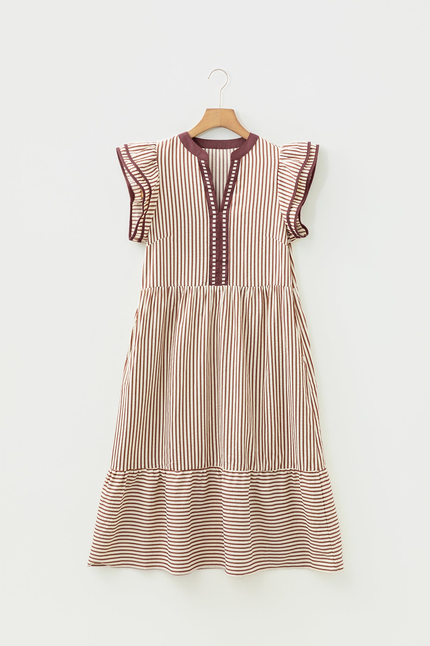 Green Stripe Double Ruffled Short Sleeve Contrast Trim V Neck Midi Dress