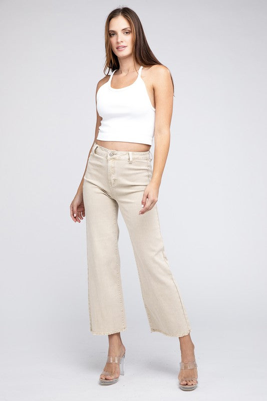 Acid Wash Frayed Cutoff Hem Straight Wide Pants Zenana