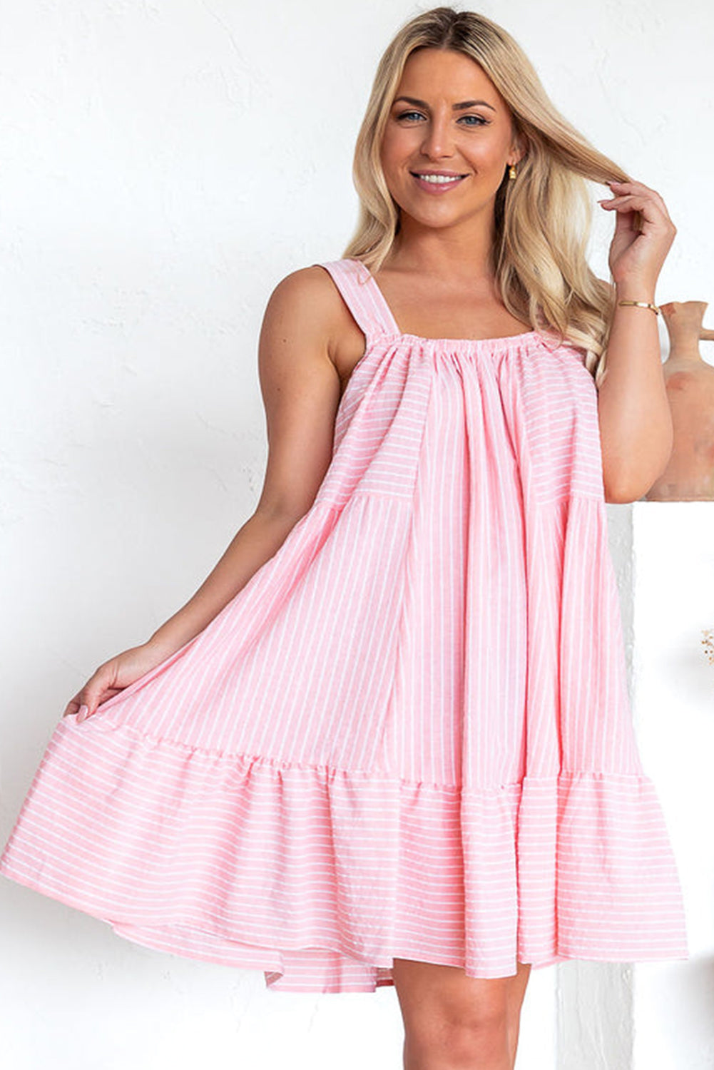 Pink Striped Ruffle Hem Sleeveless Mini Flared Dress