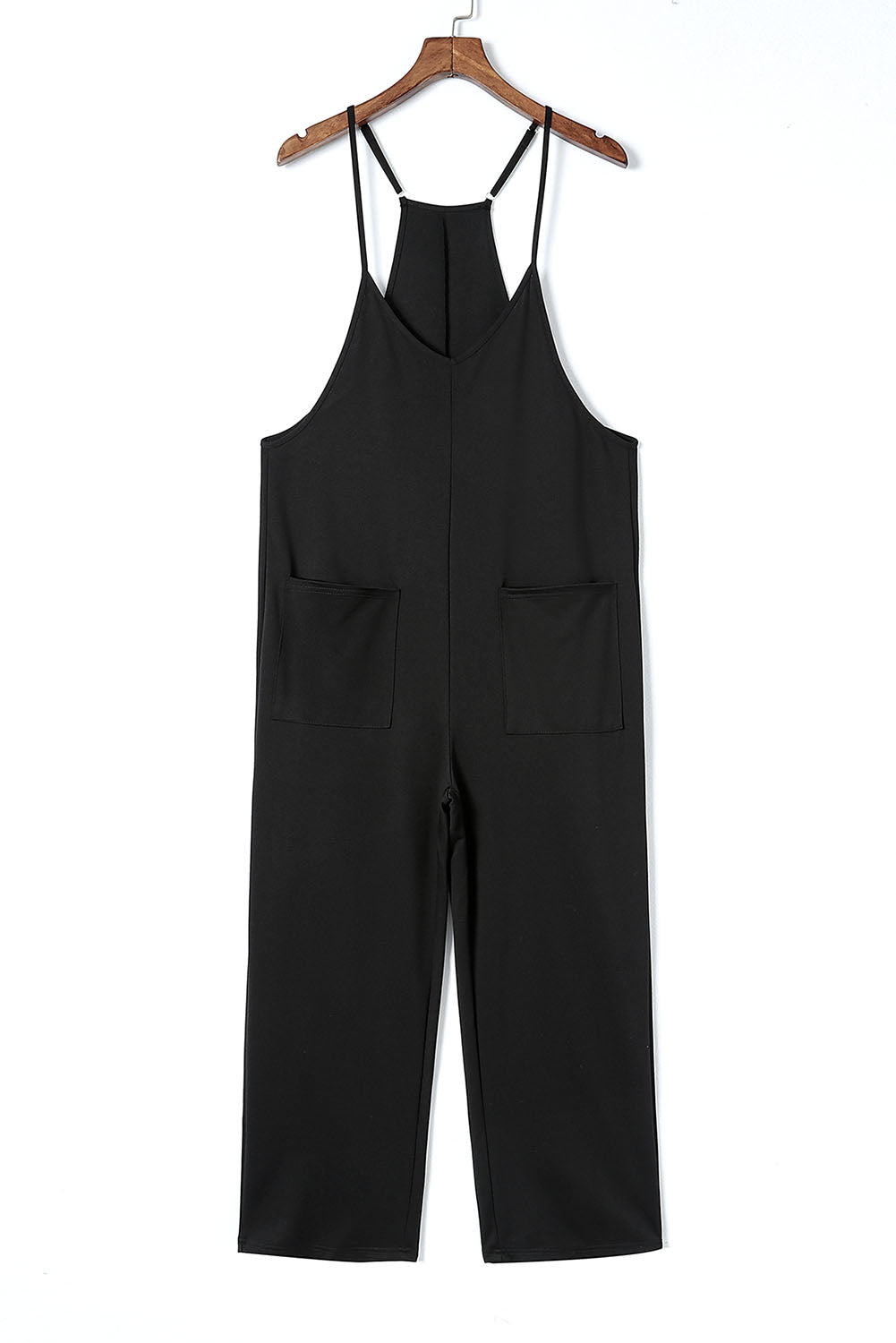 Black Pocketed Adjustable Spaghetti Strap Straight Leg Jumpsuit