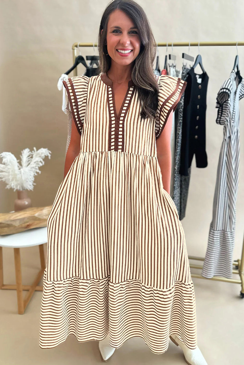 Green Stripe Double Ruffled Short Sleeve Contrast Trim V Neck Midi Dress