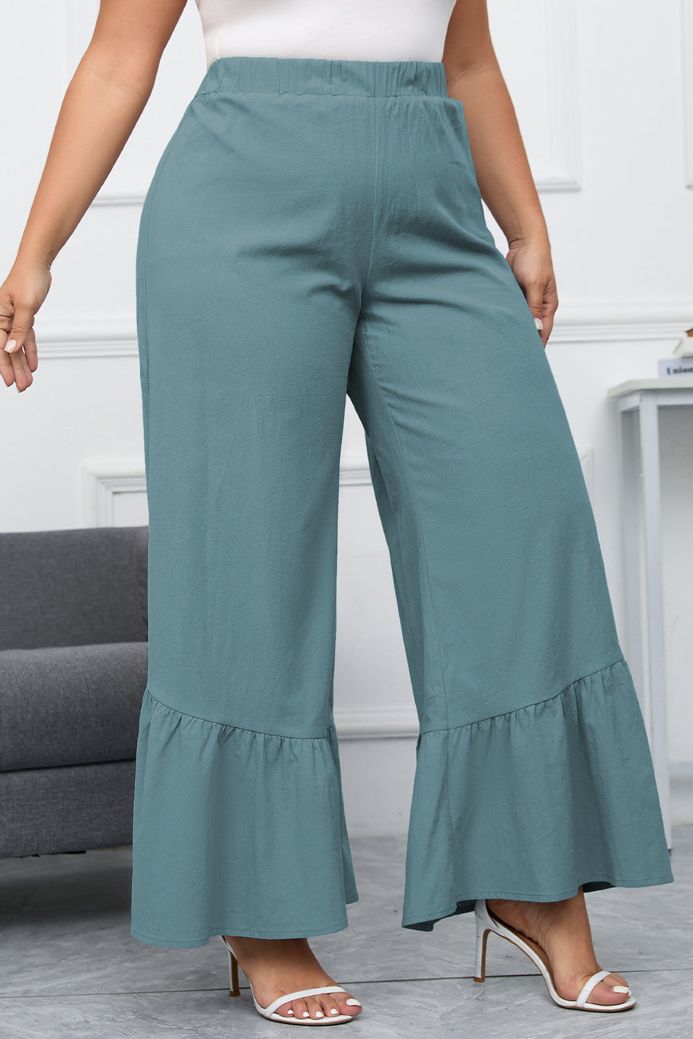 Sky Blue Plus Size High Waist Ruffle Patchwork Wide Leg Pants