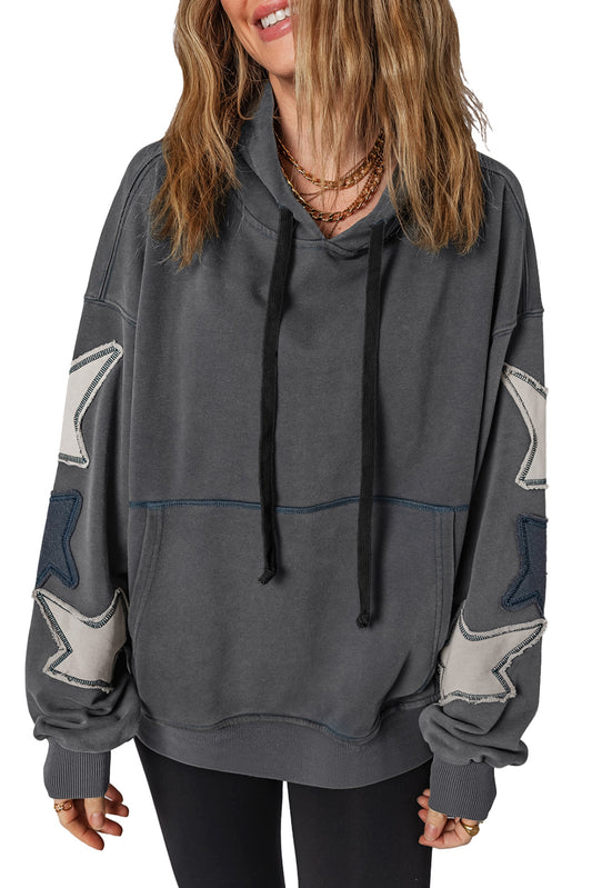 Carbon Grey Star Patched Kangaroo Pocket Vintage Hoodie