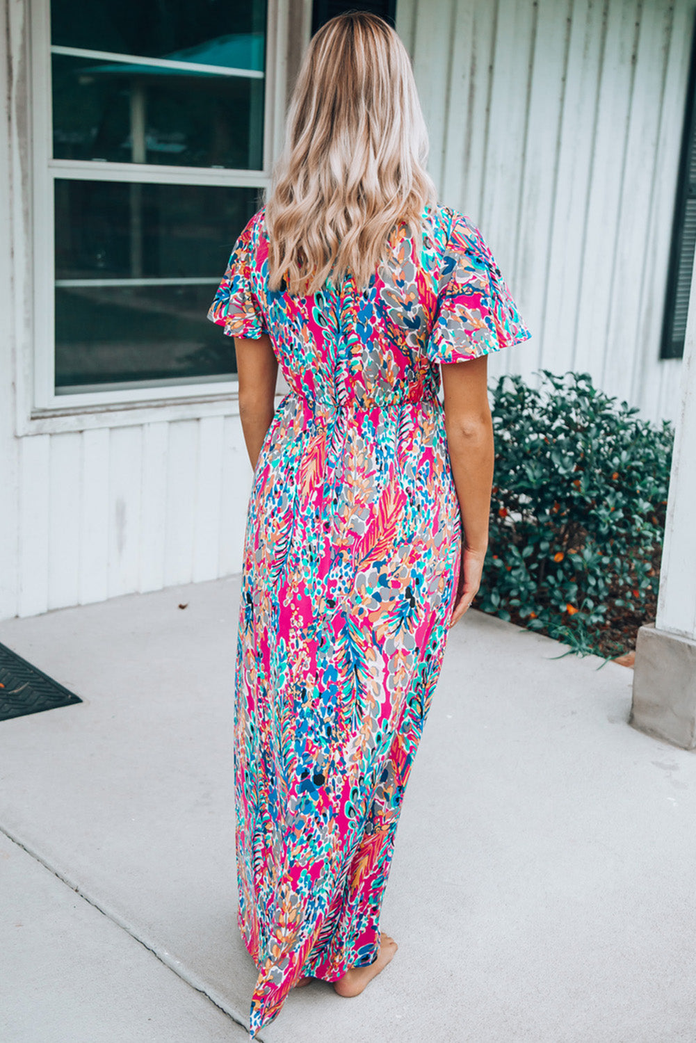 Rose Boho Abstract Print Wrap V Neck Short Sleeve Maxi Dress