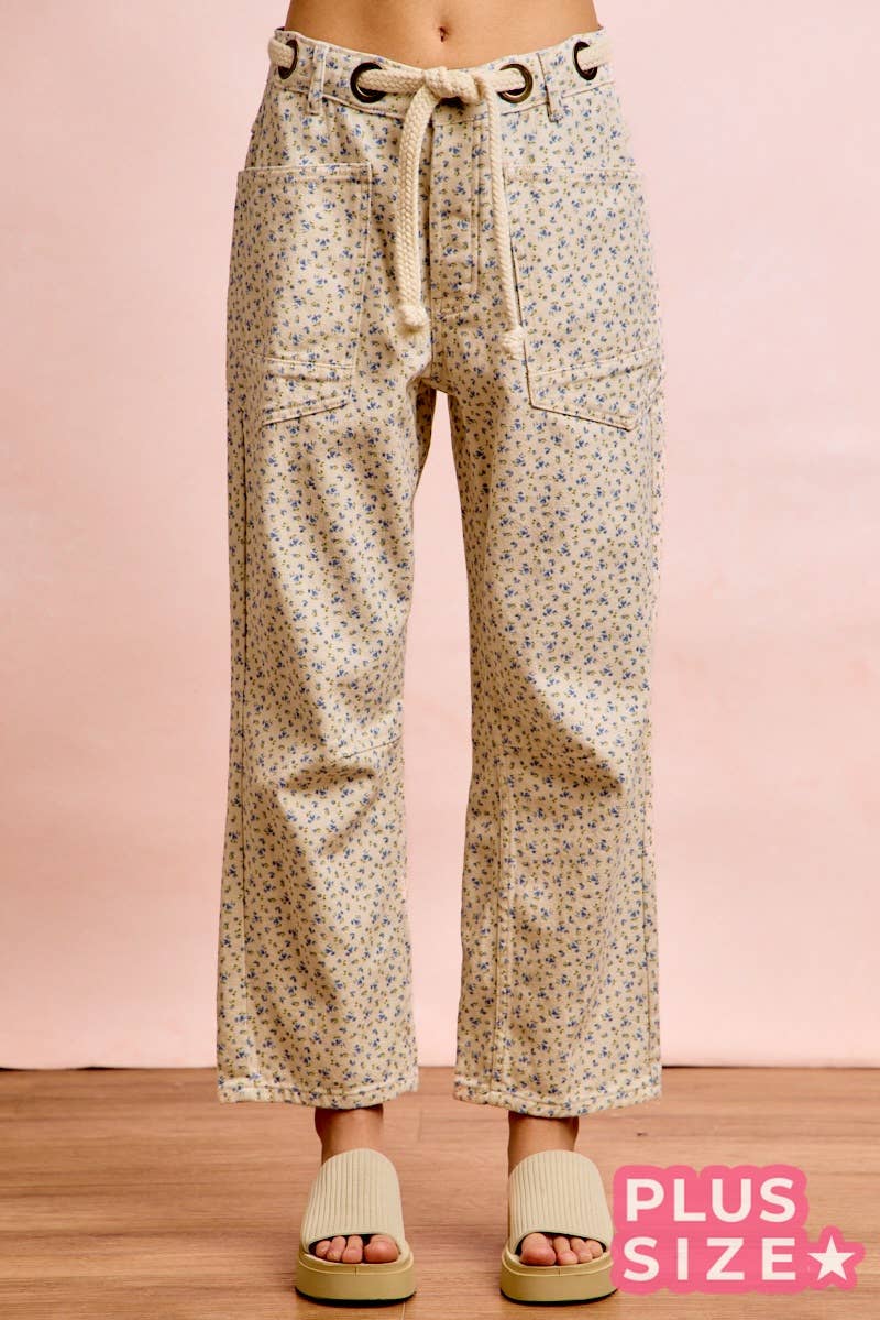 PLUS BRAIDED WAIST BELT PATCH POCKETS FLORAL PRINT PANT