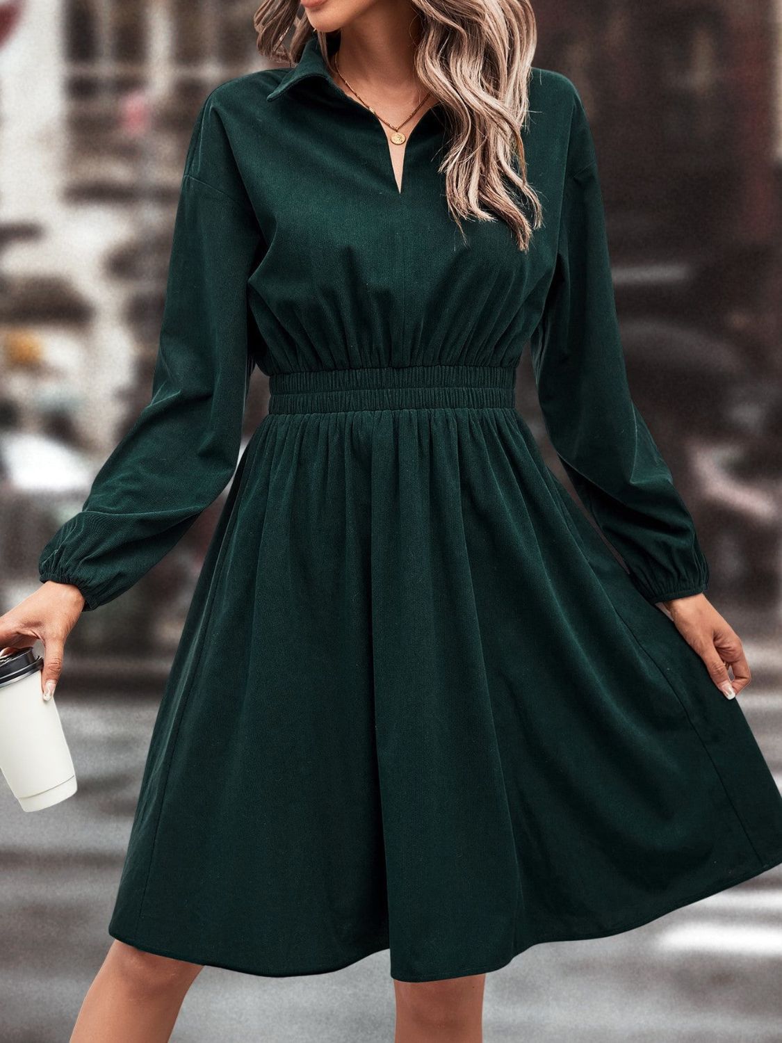 Smocked Johnny Collar Long Sleeve Dress