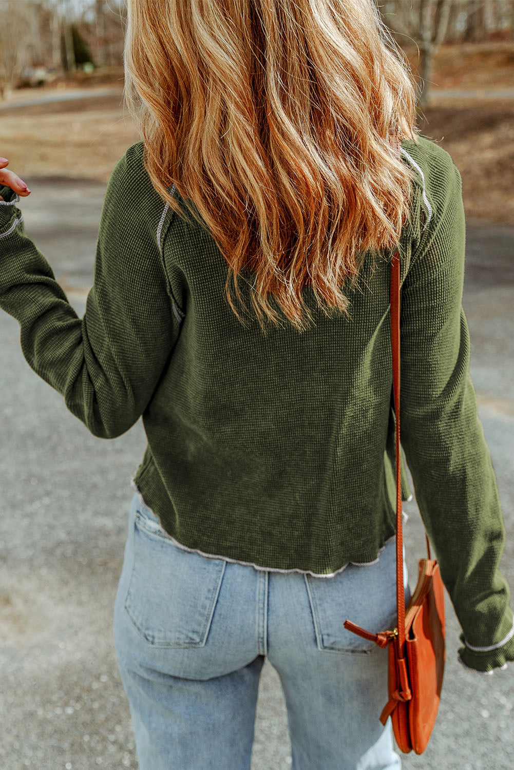 Blue Textured Round Neck Long Sleeve Top