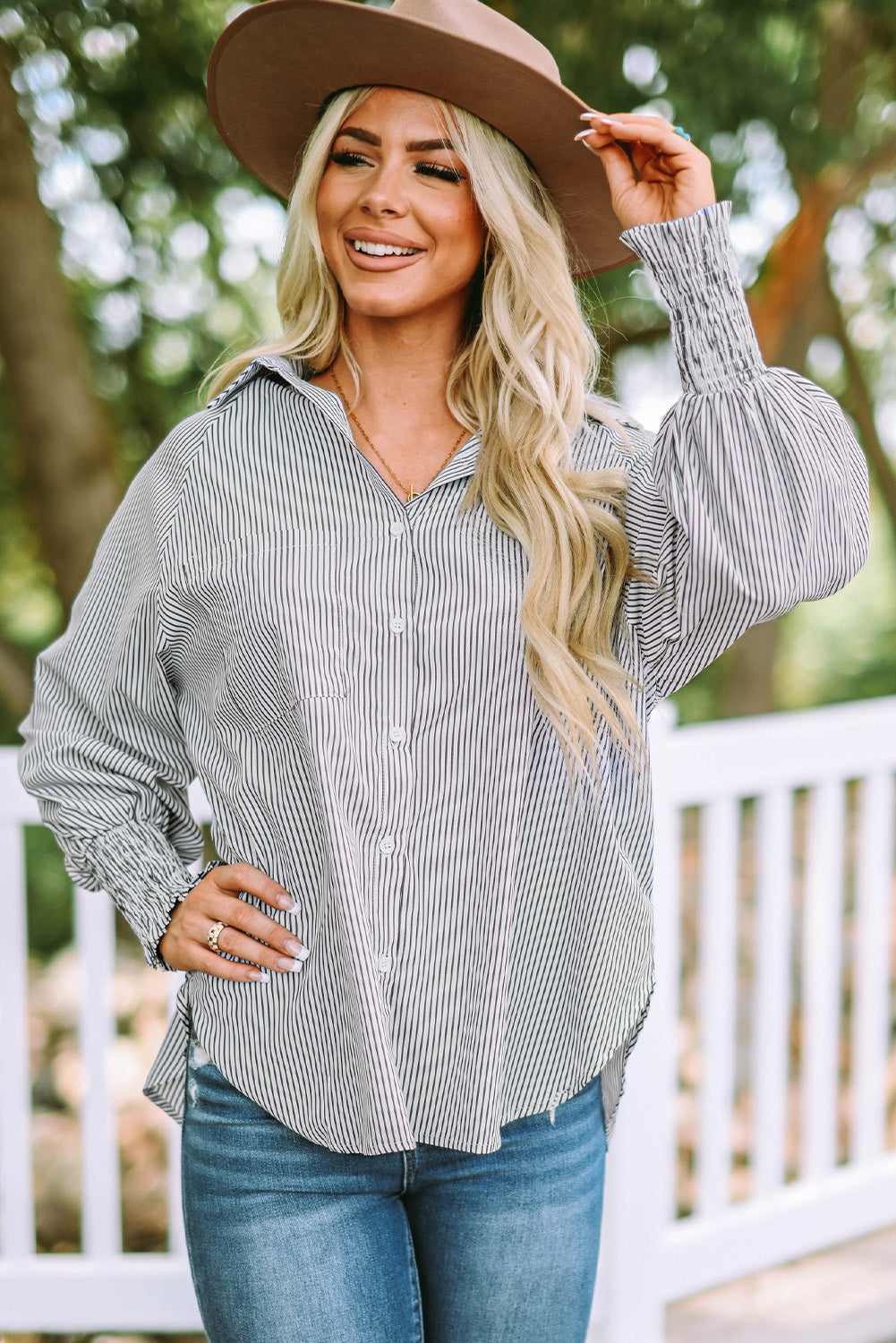 Light Blue Striped Casual Shirred Cuffs Shirt