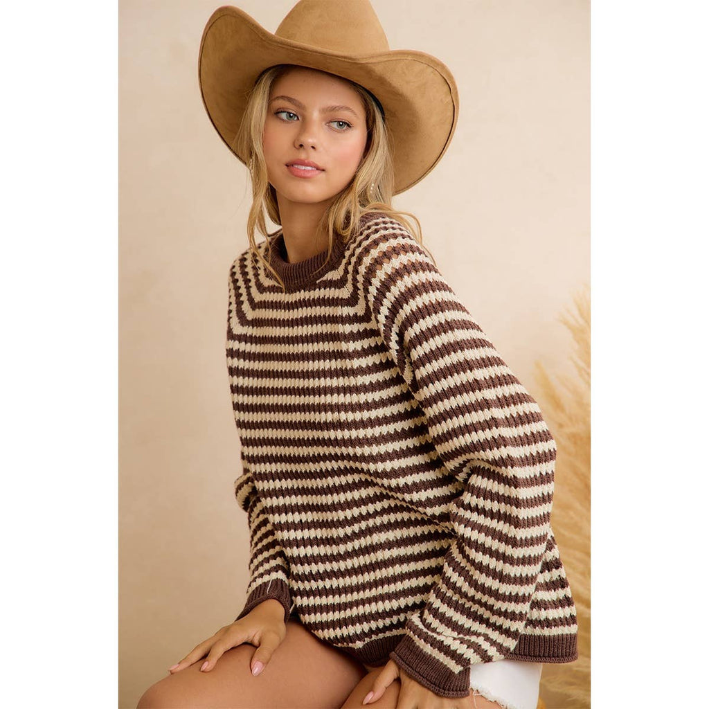 CLASSIC BROWN STRIPED RELAXED FIT KNIT PULLOVER SWEATER