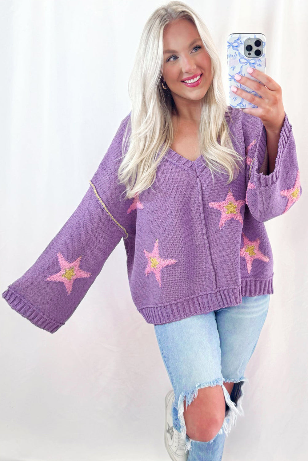 Lavender Brushed Star Graphic V Neck Drop Shoulder Oversize Sweater