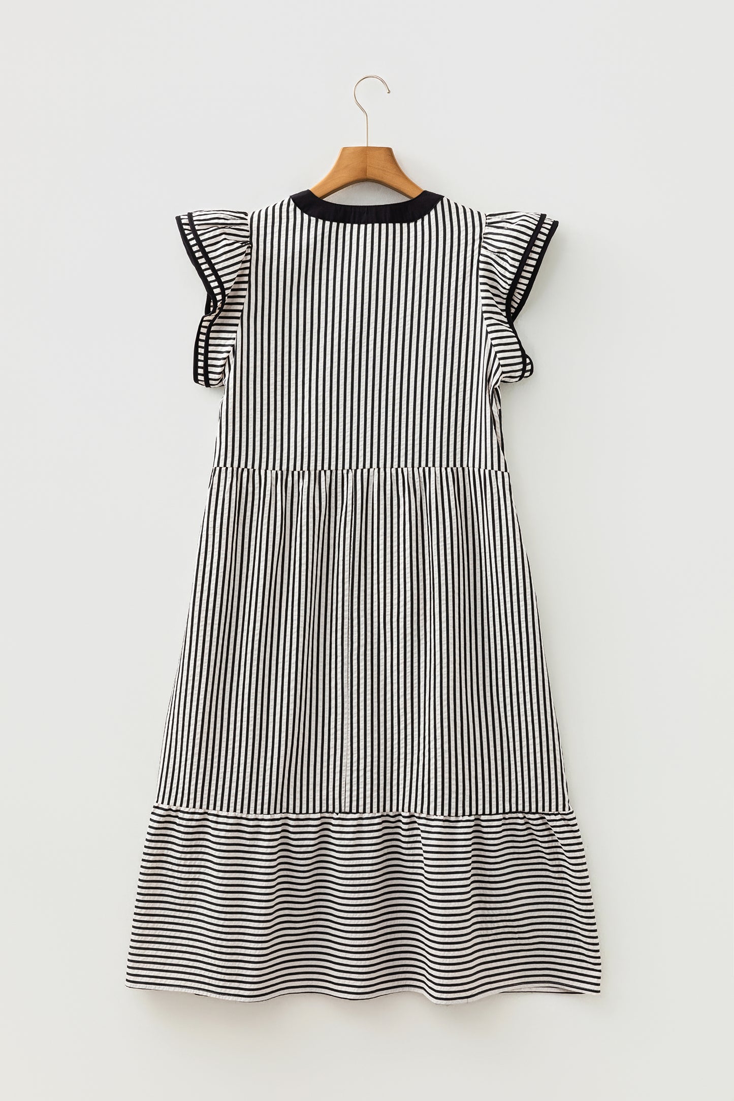 Green Stripe Double Ruffled Short Sleeve Contrast Trim V Neck Midi Dress