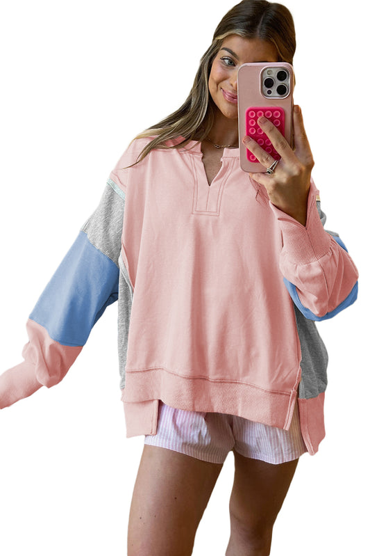 Apricot Pink Exposed Seam Colorblock Patchwork Split Cuffs Oversized Sweatshirt