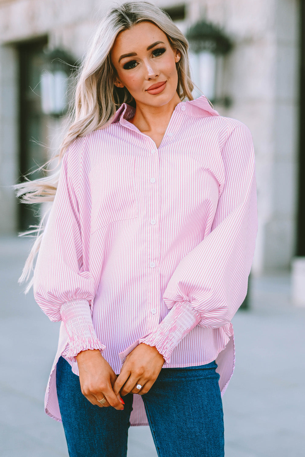 Light Blue Striped Casual Shirred Cuffs Shirt