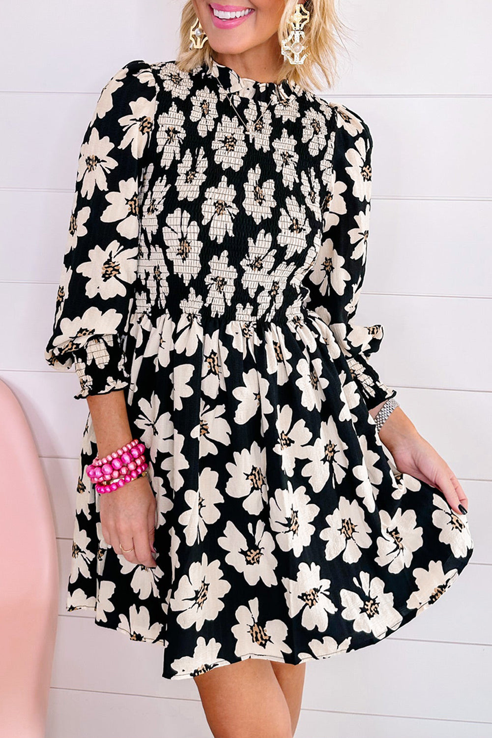 Black Floral Print Smocked Bracelet Sleeve Mini Dress