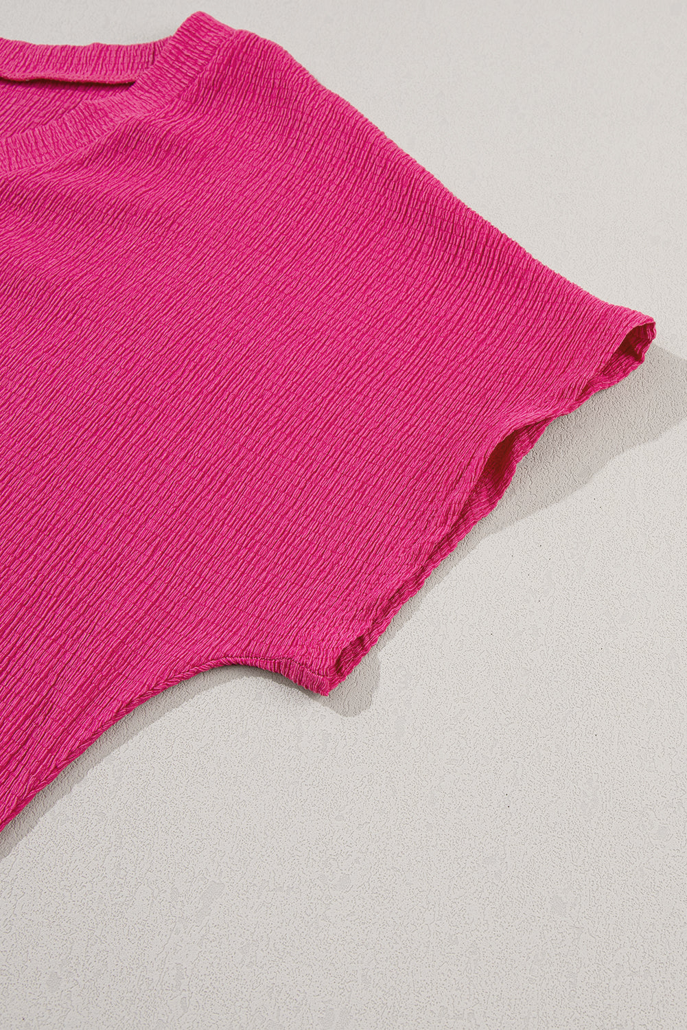 Bright Pink Basic Plain Textured V Neck Blouse