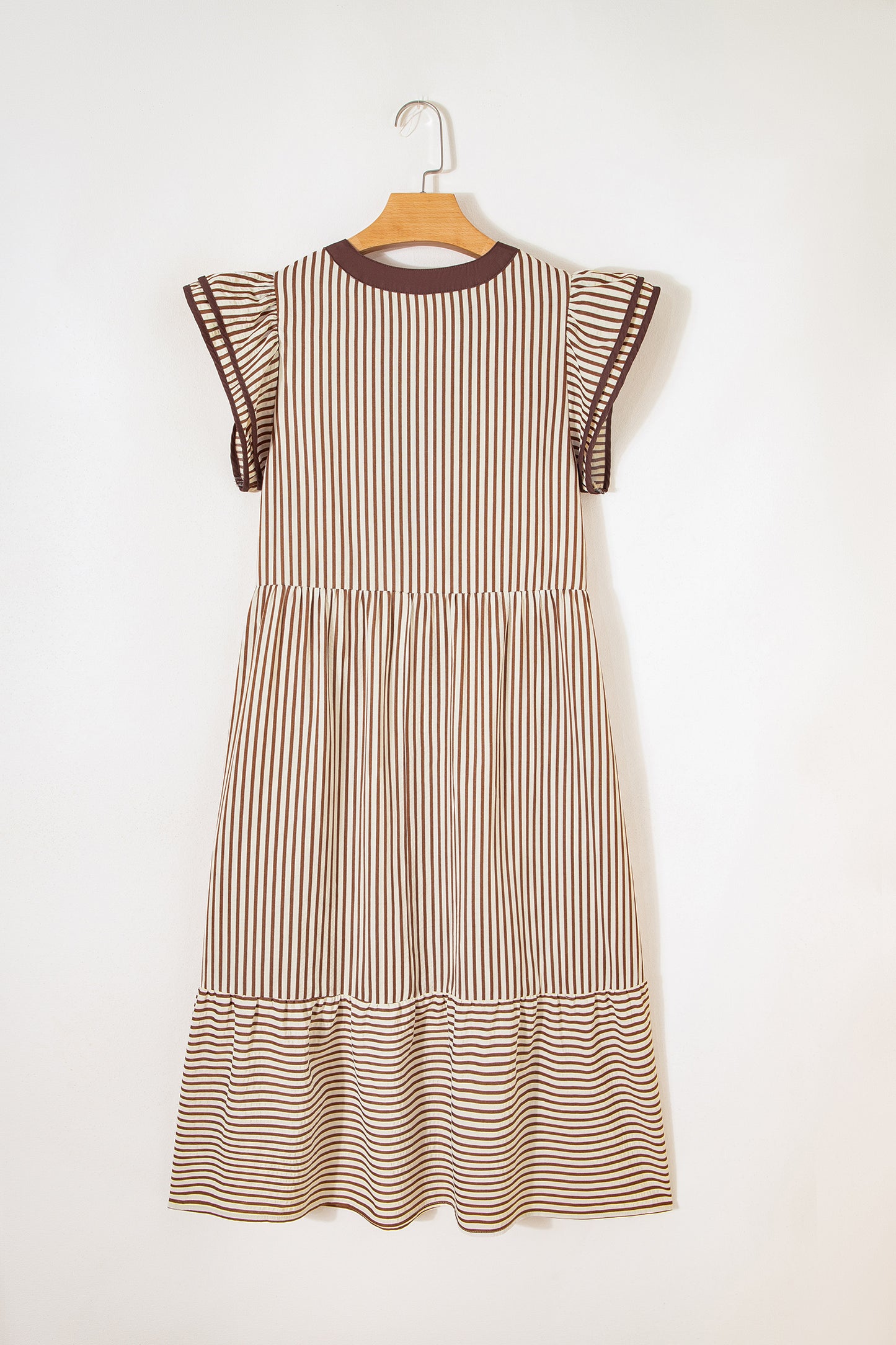 Green Stripe Double Ruffled Short Sleeve Contrast Trim V Neck Midi Dress