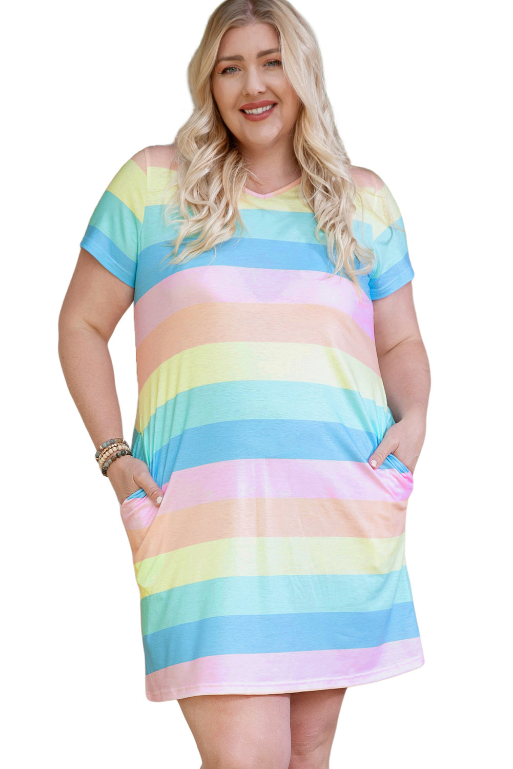 Multicolor Colorblock Pocketed V Neck T-shirt Dress