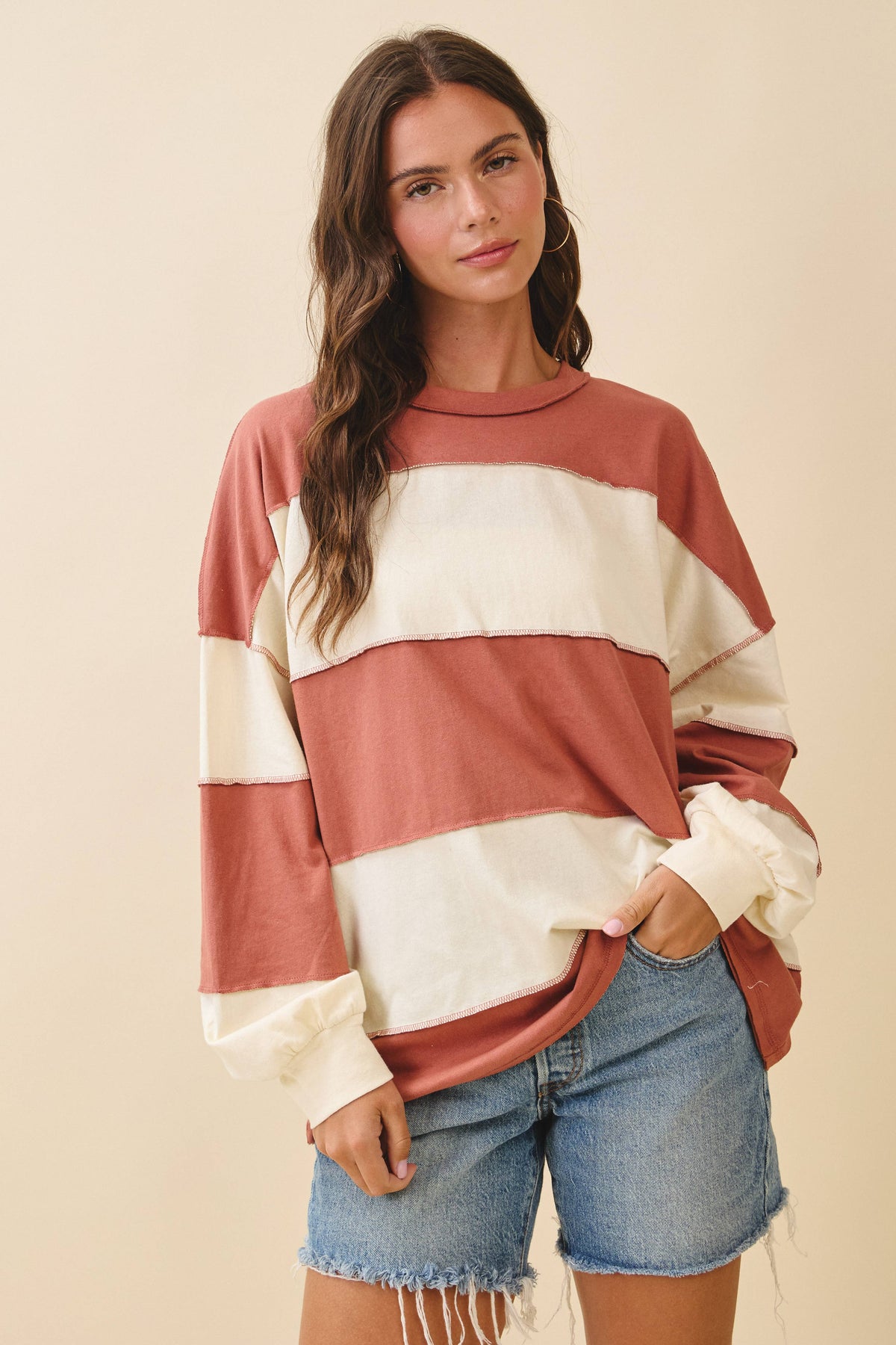 8551GN Oversized Color Block Long Sleeve Pullover