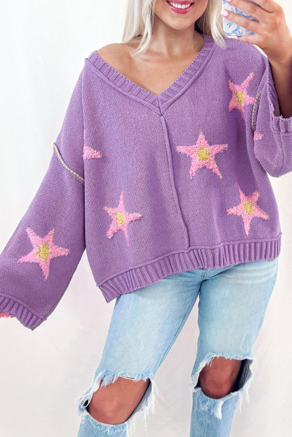 Lavender Brushed Star Graphic V Neck Drop Shoulder Oversize Sweater