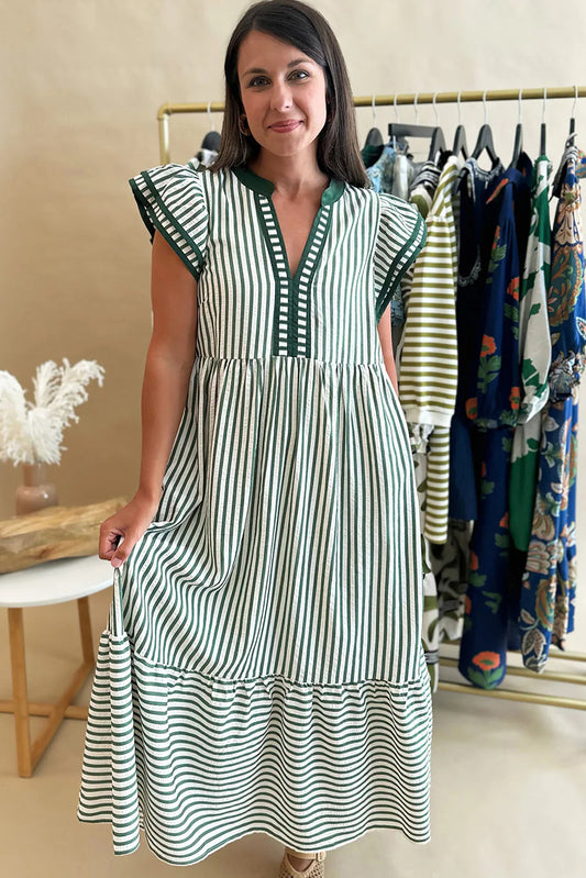 Green Stripe Double Ruffled Short Sleeve Contrast Trim V Neck Midi Dress