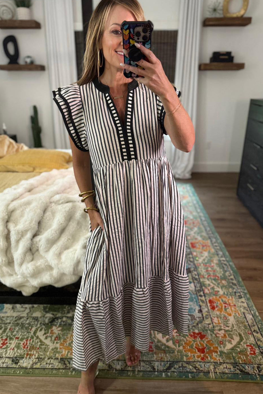 Green Stripe Double Ruffled Short Sleeve Contrast Trim V Neck Midi Dress