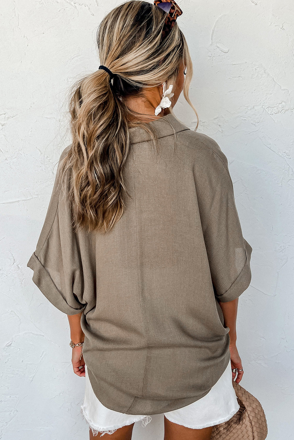 Taupe Collared Half Buttoned Dolman Sleeve Oversized Shirt