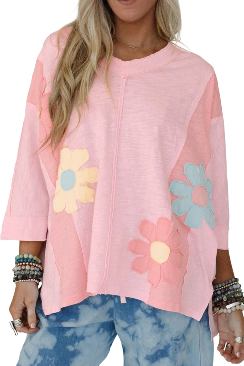 Green Flower Patched Exposed Seam 3/4 Sleeve top