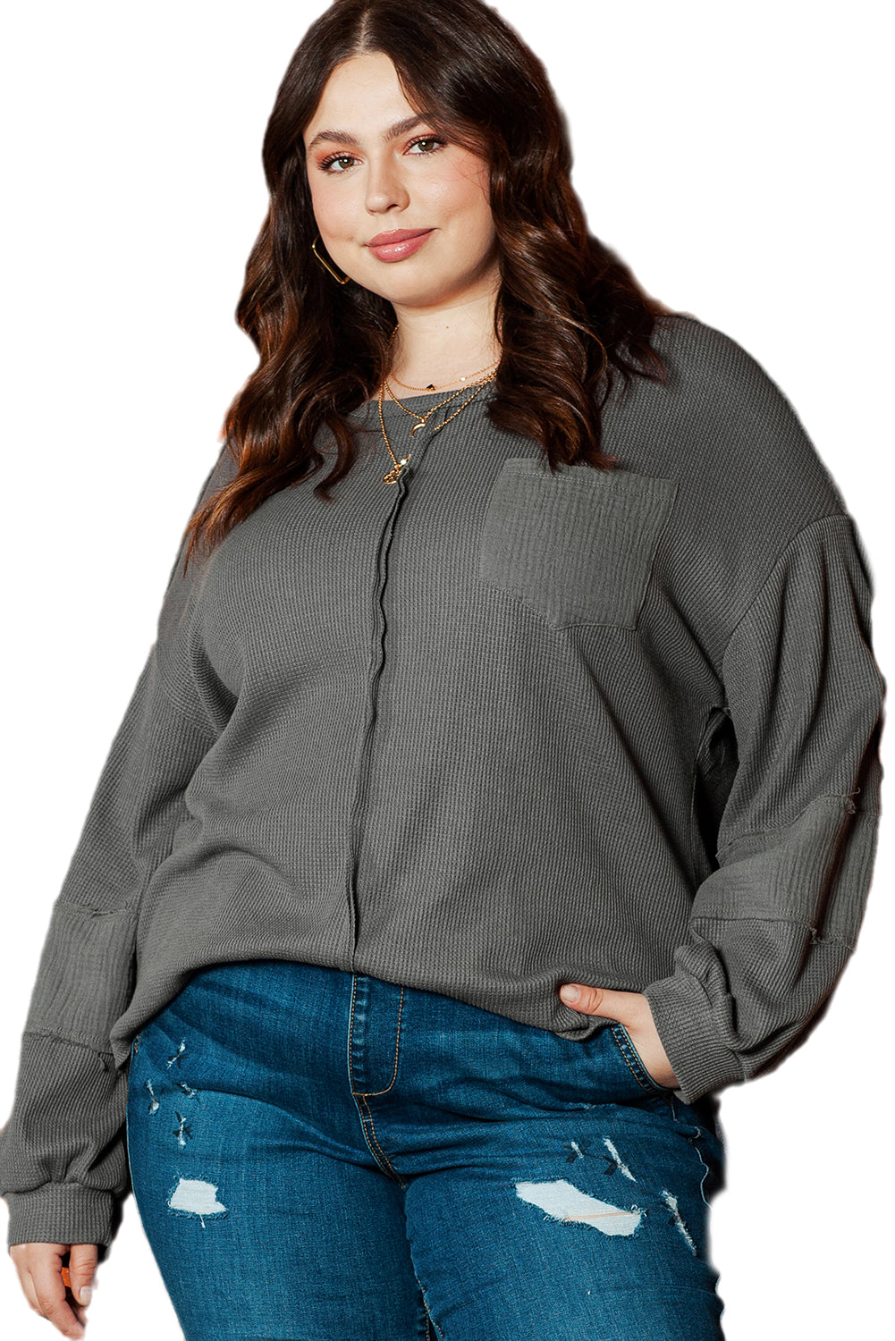 Pink Plus Size Exposed Seam Crinkle Patchwork Top