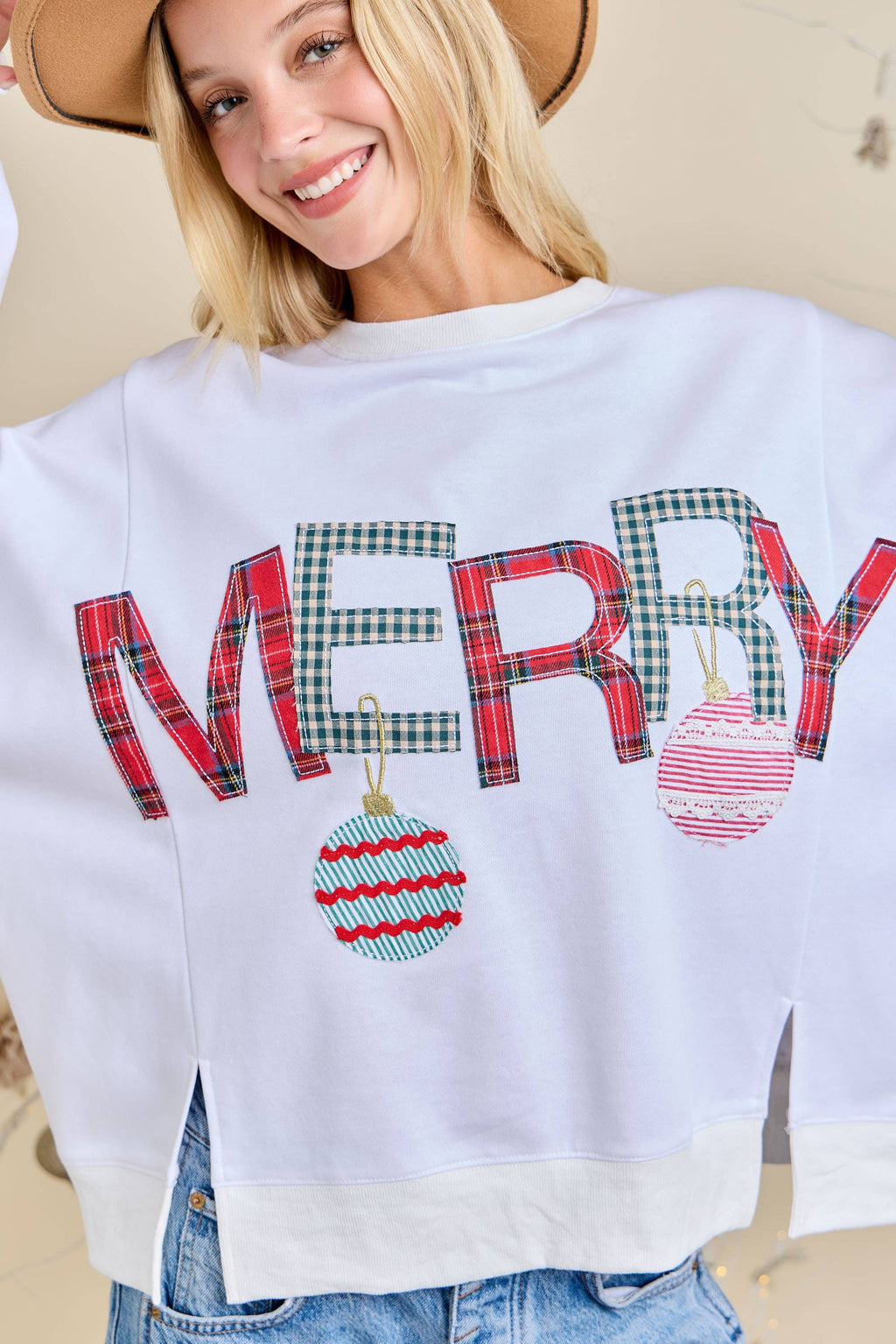 Merry With Ornament Patchwork Oversized Long Sleeve Top