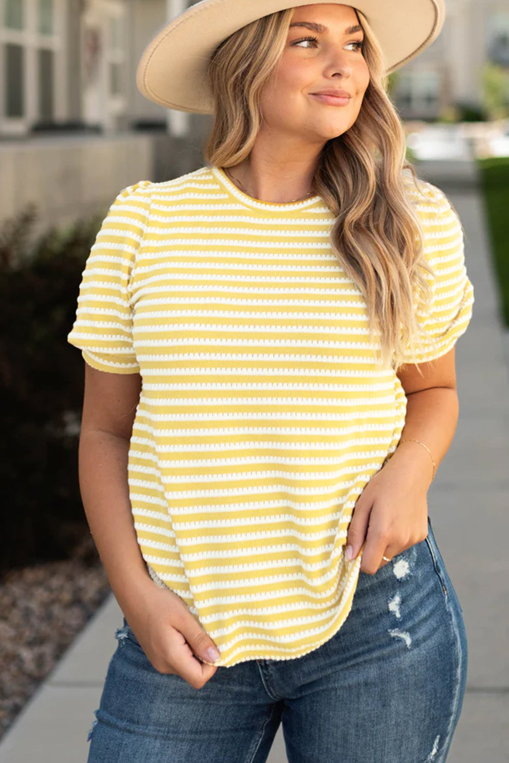 Yellow Stripe Short Puff Sleeve Plus Size Jumper