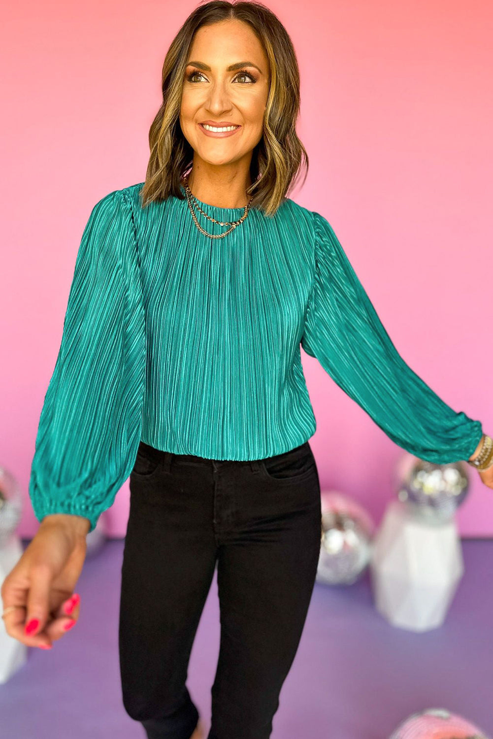 Sea Green Pleated Luster Long Sleeve Top